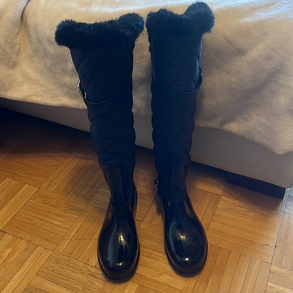 Michael Kors MK Fulton Mid Quilted Fur Black Rain Snow Boots Women Size 8